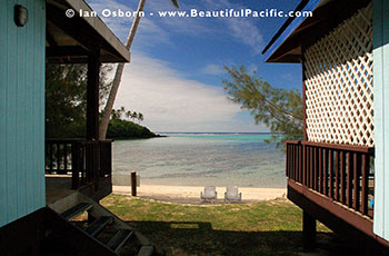 view of Muri Lagoon between the two bungalows at Tianas Beach on Rarotonga